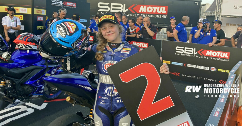 Kayla Yaakov celebrates after finishing runner-up in the second Yamaha R3 bLU cRU European SuperFinale race in Portugal. Photo by Michael Gougis.