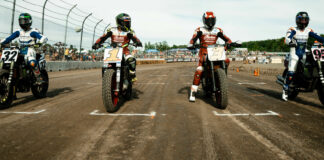 Dallas Daniels (32), Jared Mees (1), Briar Bauman (3), and JD Beach (95) are separated by just 22 points atop the Progressive American Flat Track (AFT) Mission SuperTwins Presented by S&S Cycle Championship standings heading into the season-finale doubleheader in Florida. Photo courtesy AFT.