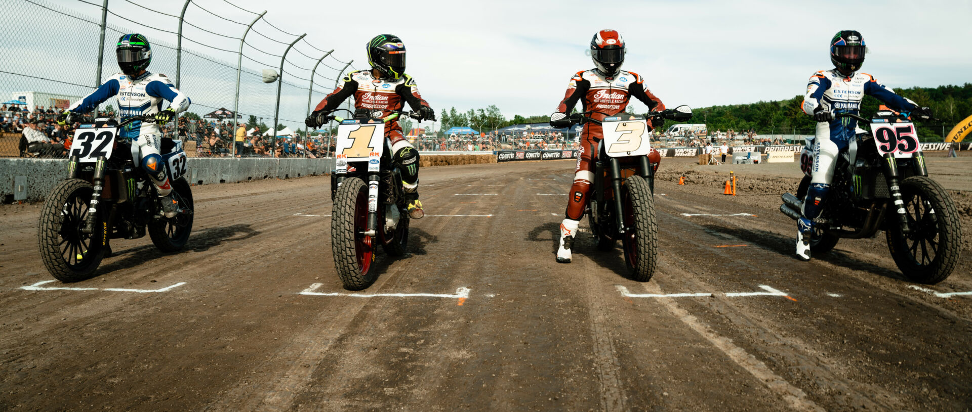Dallas Daniels (32), Jared Mees (1), Briar Bauman (3), and JD Beach (95) are separated by just 22 points atop the Progressive American Flat Track (AFT) Mission SuperTwins Presented by S&S Cycle Championship standings heading into the season-finale doubleheader in Florida. Photo courtesy AFT.