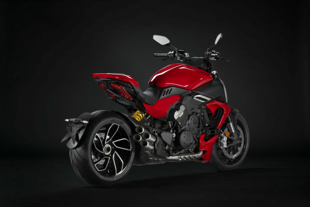 The 2023 Ducati Diavel V4 with its four exhaust tips coming out together from the right side.  Photo courtesy Ducati.