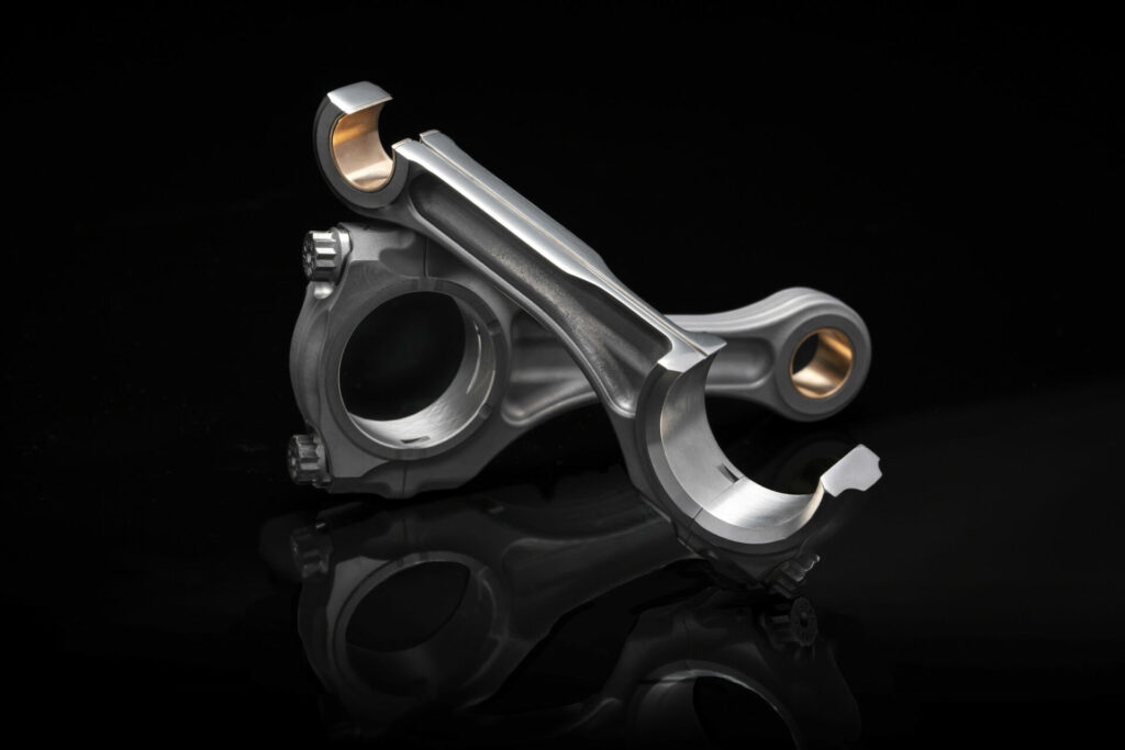 A cut-away shows the internal oil passage in the 2023 Ducati Panigale V4 R's "gun-drilled" titanium connecting rods. Photo courtesy Ducati.