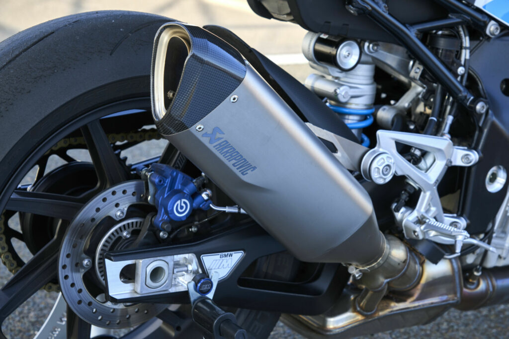 The 2023 BMW M 1000 R comes standard with a titanium Akrapovic exhaust silencer. Photo courtesy BMW Motorrad.