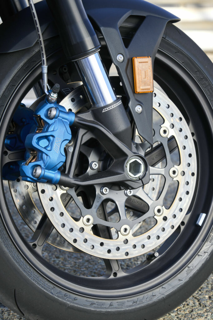 Marzocchi front forks with Dynamic Damping Control (DDC), M brake calipers, and a forged aluminum front wheel on the 2023 BMW M 1000 R. Photo courtesy BMW Motorrad.