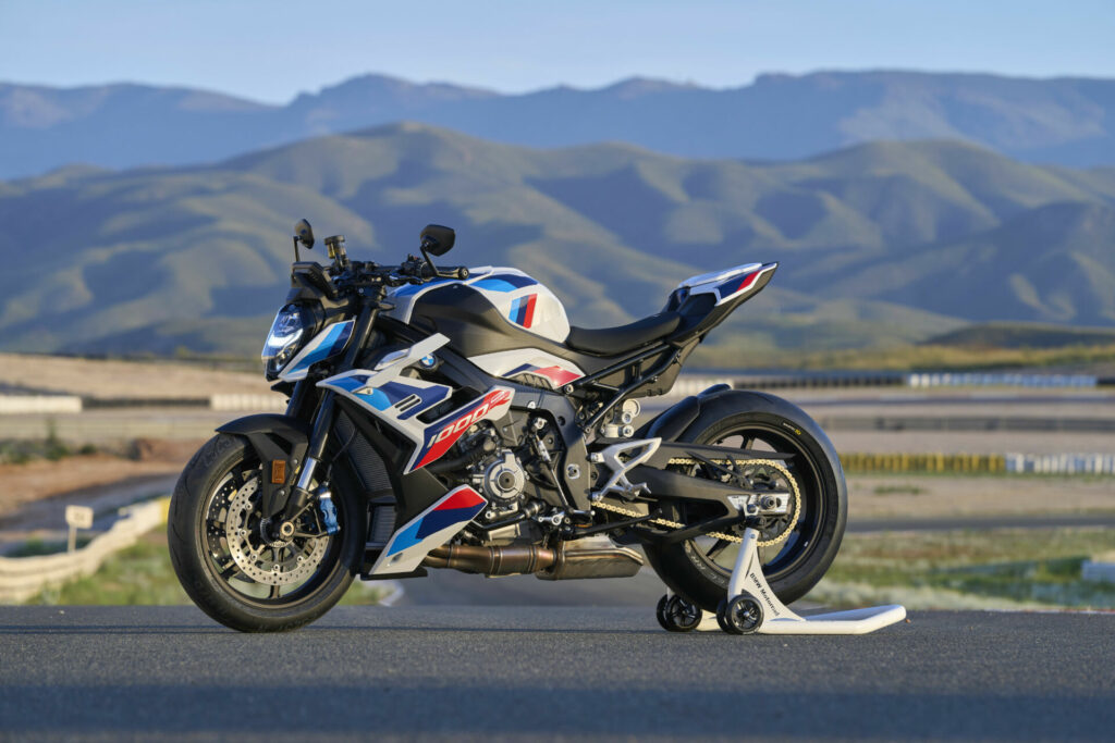 The left side of a 2023 BMW M 1000 RR at rest. Photo courtesy BMW Motorrad.