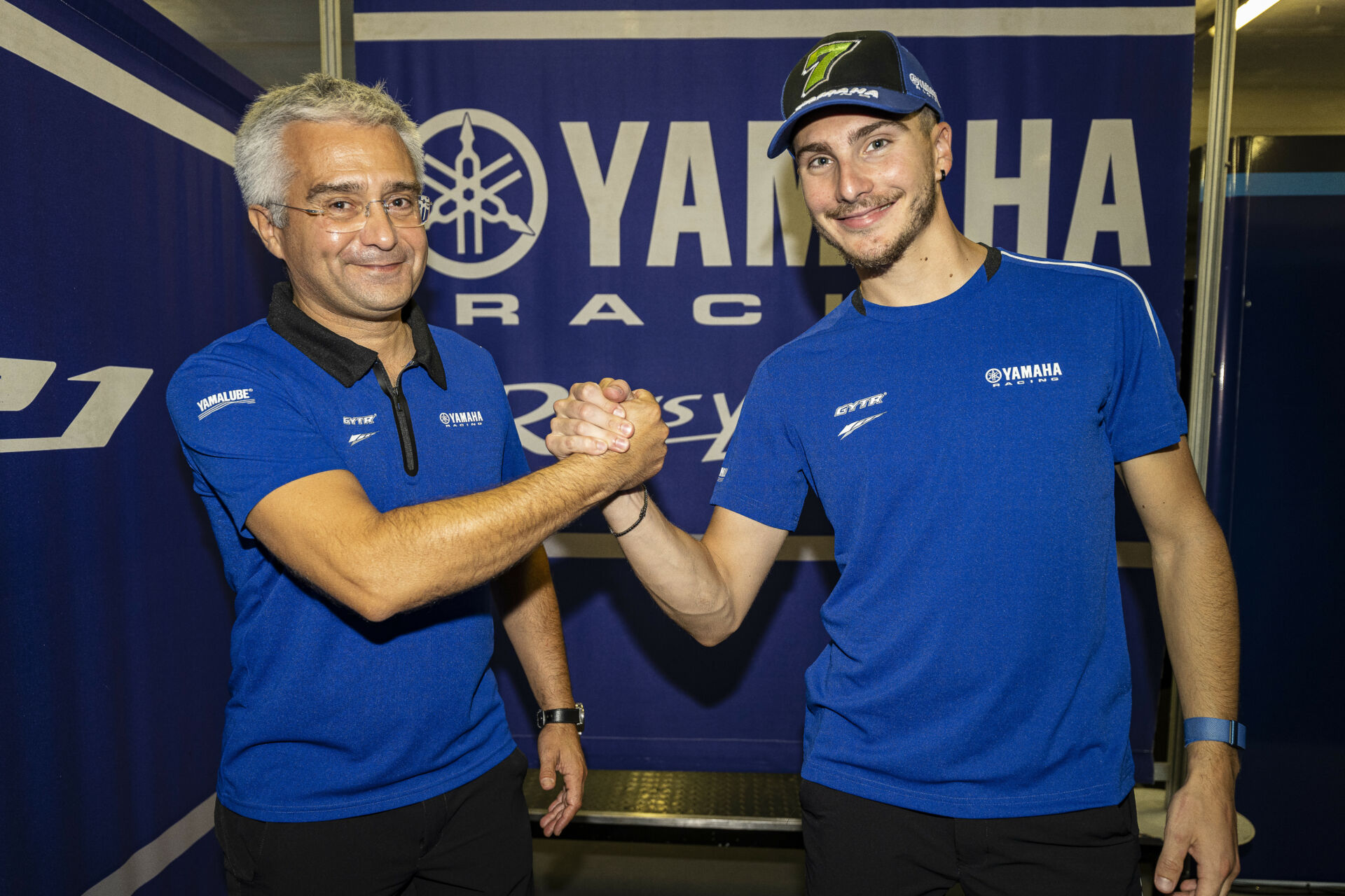 Yamaha Motor Europe Road Racing Manager Andrea Dosoli (left) with Lorenzo Baldassarri (right). Photo courtesy Yamaha.