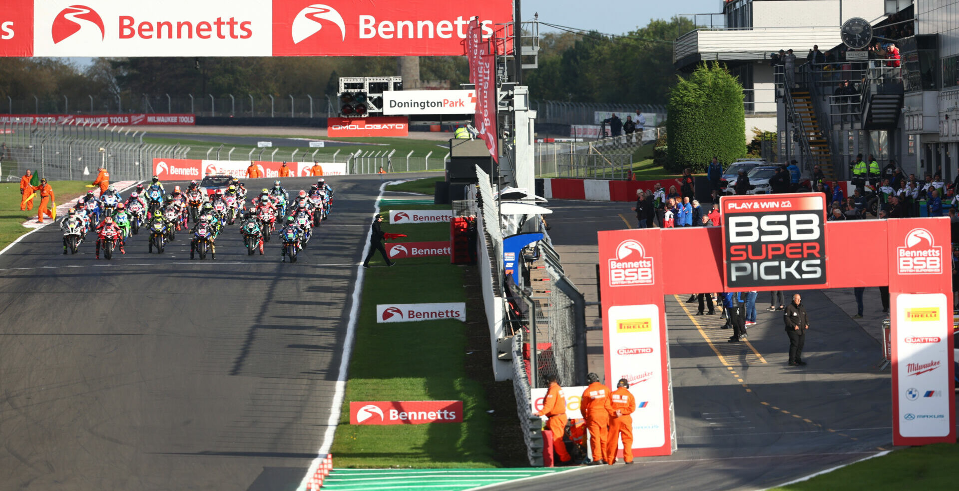 The start of British Superbike Race One at Donington Park. Photo courtesy MSVR.