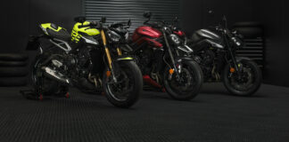 The 2024 Triumph Street Triple lineup (from left) Street Triple 765 Moto2™ Edition, Street Triple RS, and Street Triple R. Photo courtesy Triumph.