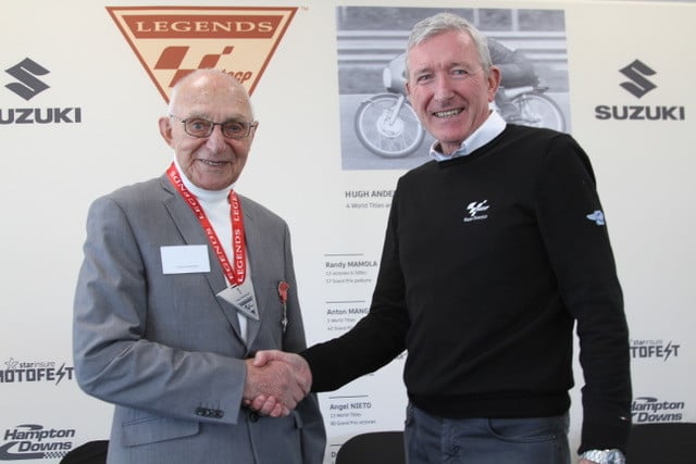 Hugh Anderson (left) received his MotoGP Legend medal from MotoGP Race Director Mike Webb (right). Photo courtesy Dorna.