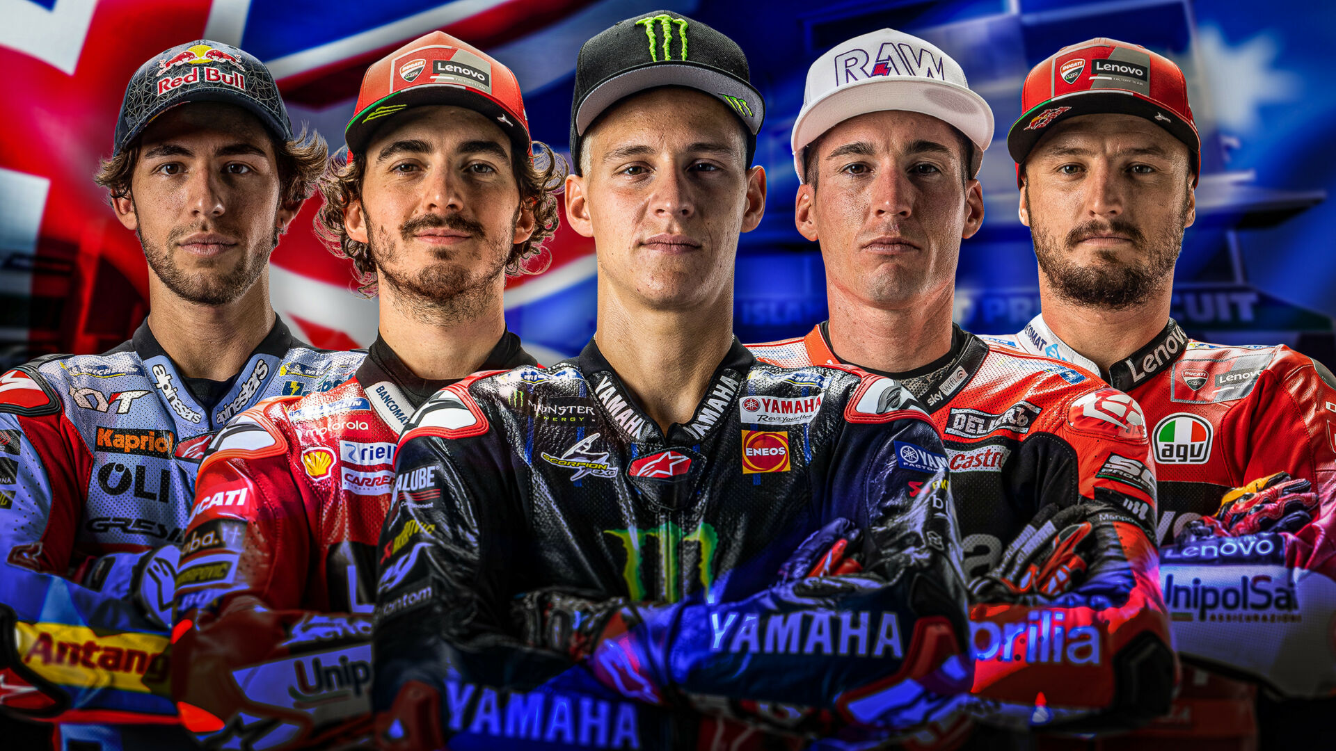 (From left) Enea Bastianini, Francesco Bagnaia, Fabio Quartararo, Aleix Espargaro, and Jack Miller are separated by just 40 points atop the MotoGP World Championship standings heading into Phillip Island. Image courtesy Dorna.