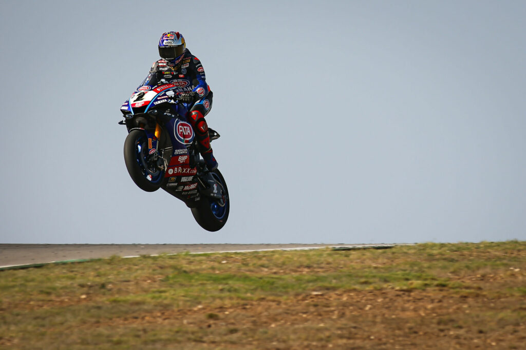 Toprak Razgatlioglu (1) taking flight at Algarve International Circuit, in Portugal. Photo courtesy Dorna.