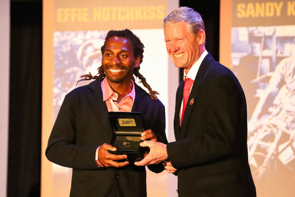 Fellow AMA Motorcycle Hall of Famer Broc Glover (right) presented Stewart with his Hall of Fame ring. Photo by Mitch Kendra, courtesy MX Sports.