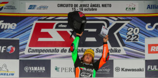 American Mikey Lou Sanchez (55) celebrating atop RFME ESBK Moto4 podium Sunday at Jerez. Photo courtesy RFME.