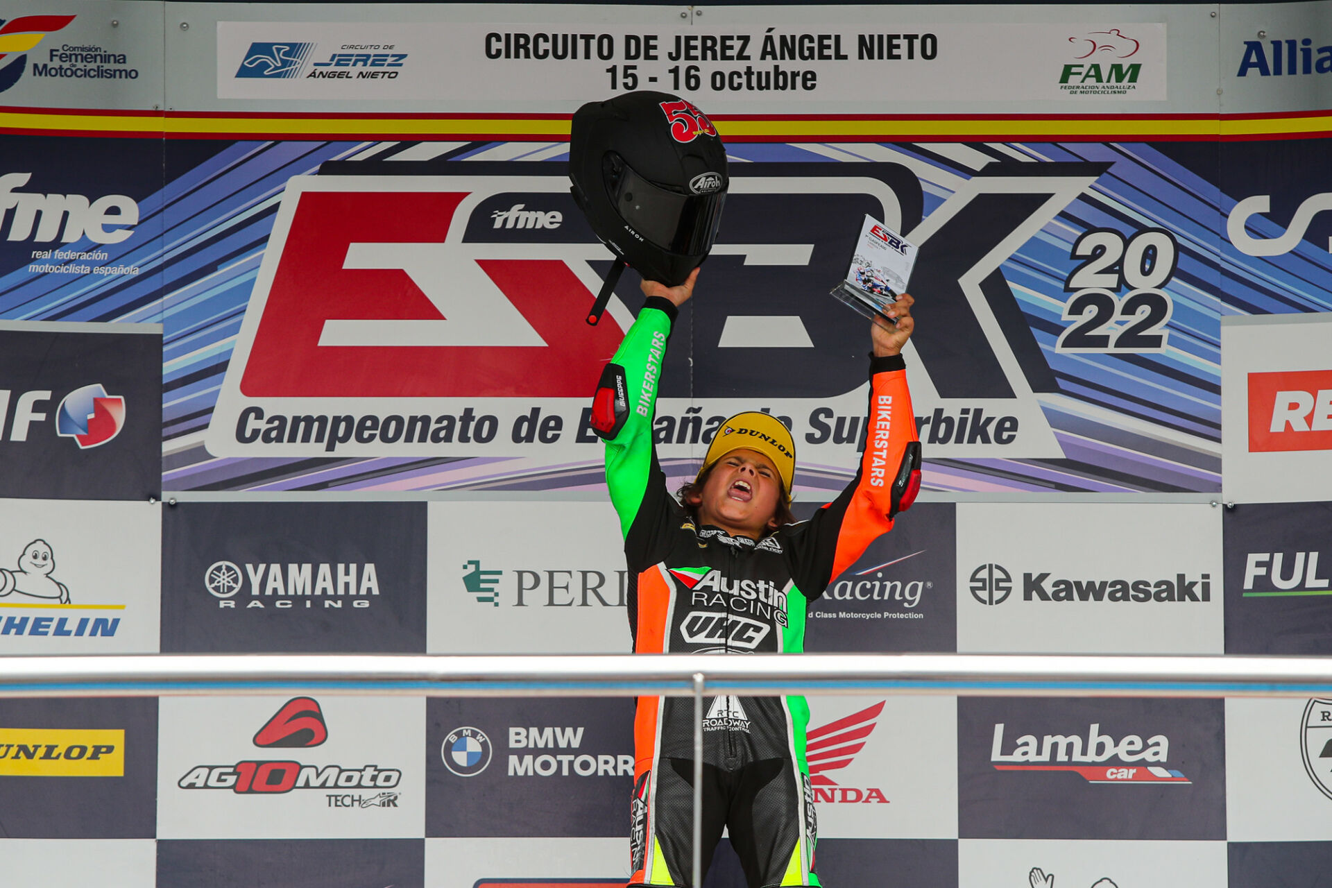 American Mikey Lou Sanchez (55) celebrating atop RFME ESBK Moto4 podium Sunday at Jerez. Photo courtesy RFME.