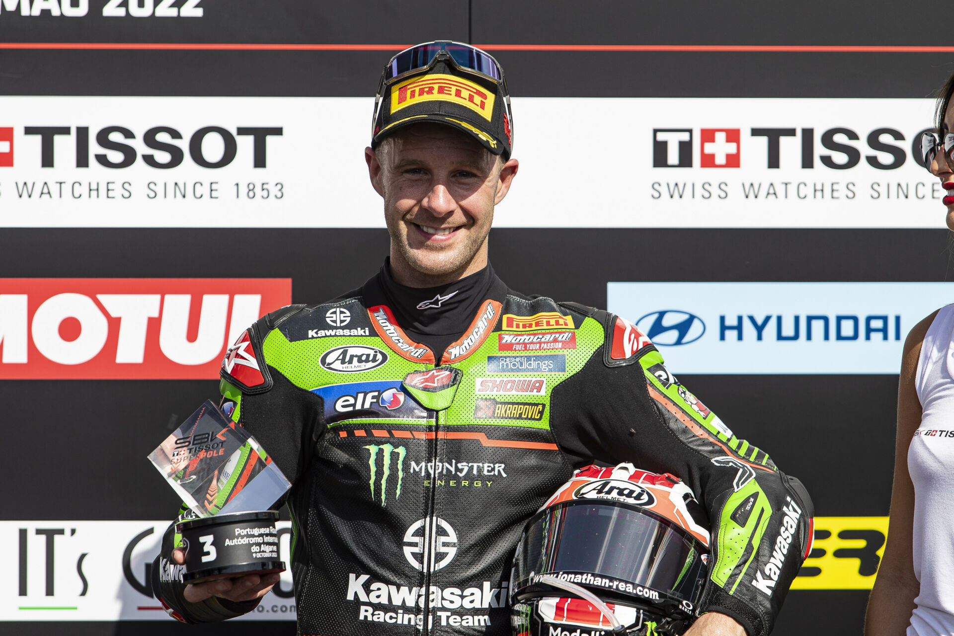 Jonathan Rea, as seen on the WorldSBK podium in Portugal. Photo courtesy Kawasaki.