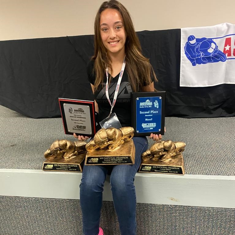 Elisa Gendron-Belen with the trophies she earned during the ASRA/CCS Race of Champions at Daytona International Speedway. Photo courtesy Elisa Gendron-Belen.