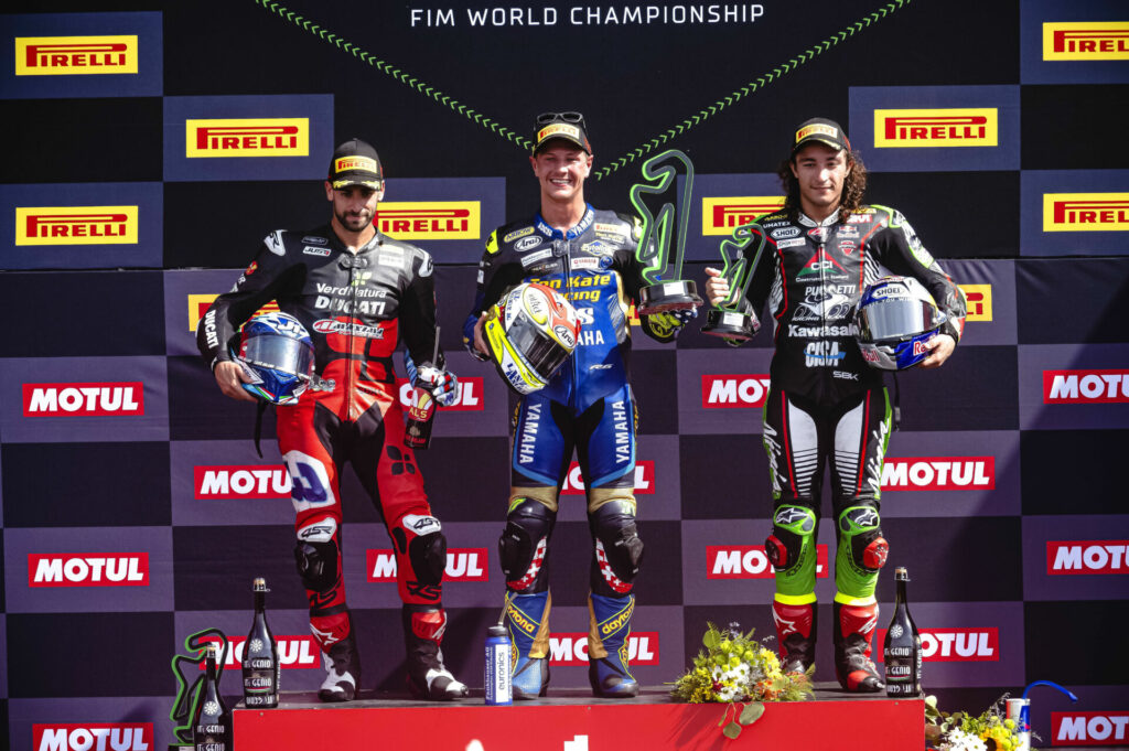 World Supersport Race Two winner Dominique Aegerter (center), runner-up Raffaele De Rosa (left), and third-place finisher Can Oncu (right). Photo courtesy Pirelli.