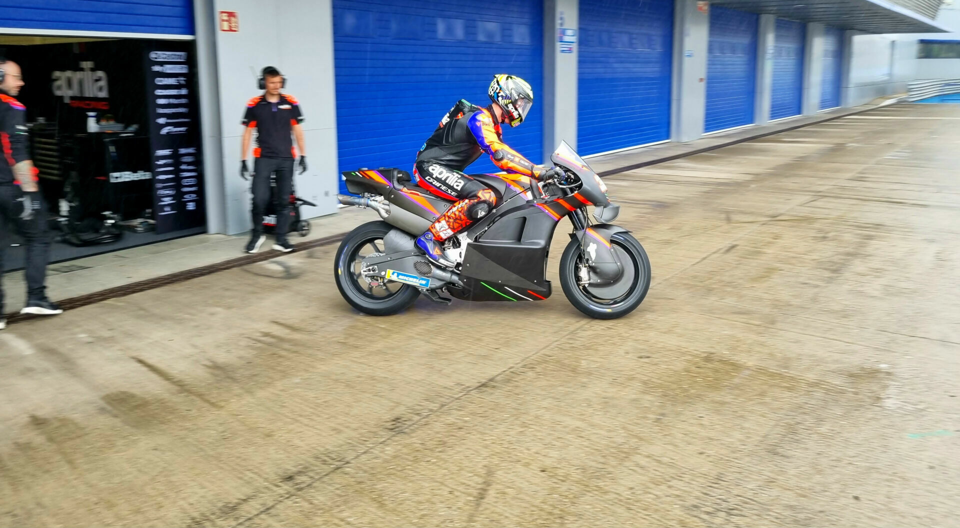 Aprilia test rider Lorenzo Savadori taking an RS-GP MotoGP racebike out for testing at Jerez. Photo courtesy Aprilia.