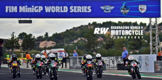 Start of the final race of the FIM MiniGP World Series at Valencia, with winner Gabriel Vuono (27) battling with Fynn Kratochwill (15) and Seiryu Ikegami (31) for the lead into Turn One. Photo by Michael Gougis.