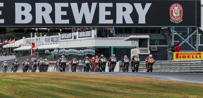The start of World Superbike Race One at Phillip Island. Photo courtesy Dorna.