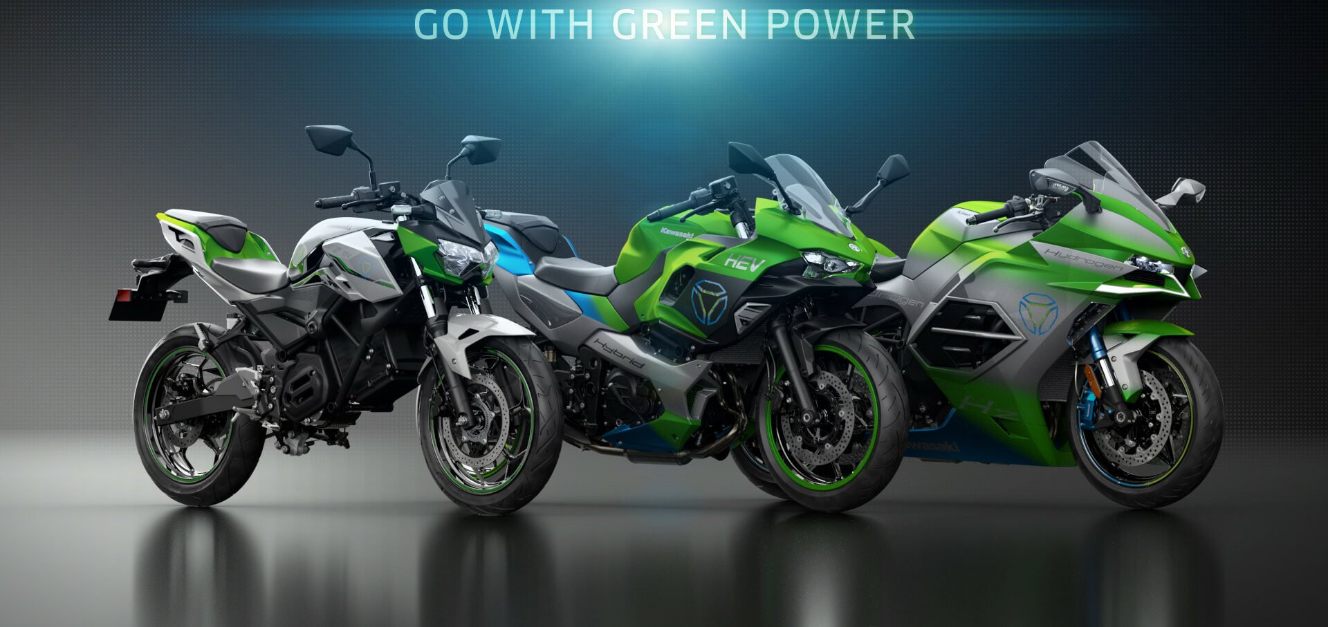 (From left) Kawasaki's electric-powered Z naked sportbike, HEV (Hybrid Electric Vehicle) Ninja, and a hydrogen-fueled prototype. Photo courtesy Kawasaki Motors Corp., U.S.A.