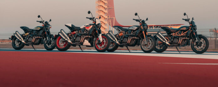 The four 2023 Indian FTR models (from left) FTR, FTR Sport, FTR R Carbon, and FTR Rally at Circuit of The Americas. Photo courtesy Indian Motorcycle.