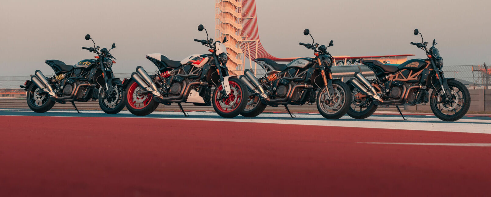 The four 2023 Indian FTR models (from left) FTR, FTR Sport, FTR R Carbon, and FTR Rally at Circuit of The Americas. Photo courtesy Indian Motorcycle.