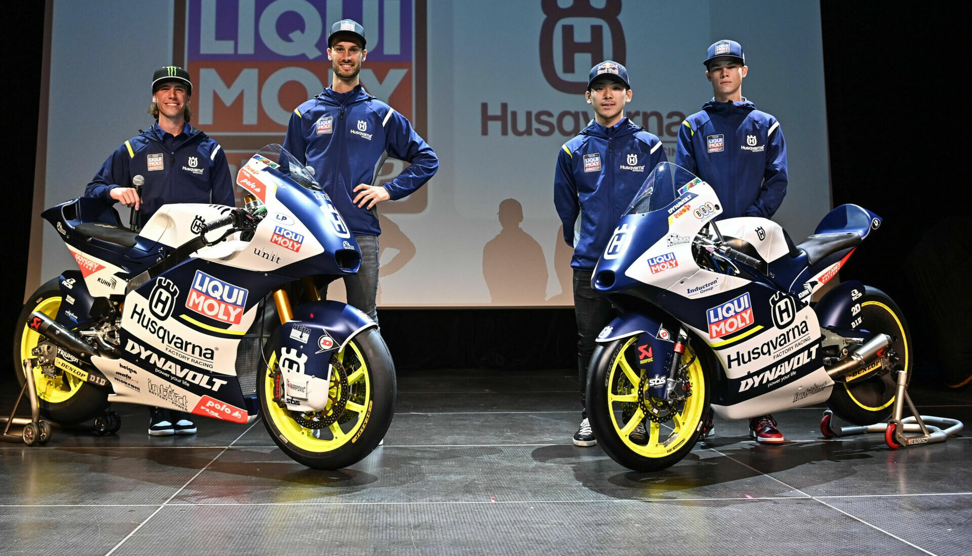 (From left) Husqvarna Moto2 riders Darryn Binder and Lukas Tulovic and Moto3 riders Ayumu Sasaki and Collin Veijer at the official team introduction in Germany. Photo courtesy Husqvarna Motorcycles.