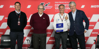 (From left) Incoming FIM Grand Prix Safety Officer Tomé Alfonso, Dorna CEO Carmelo Ezpeleta, retiring FIM Grand Prix Safety Officer Franco Uncini, and FIM President Jorge Viegas at a press conference in Valencia. Photo courtesy Dorna.