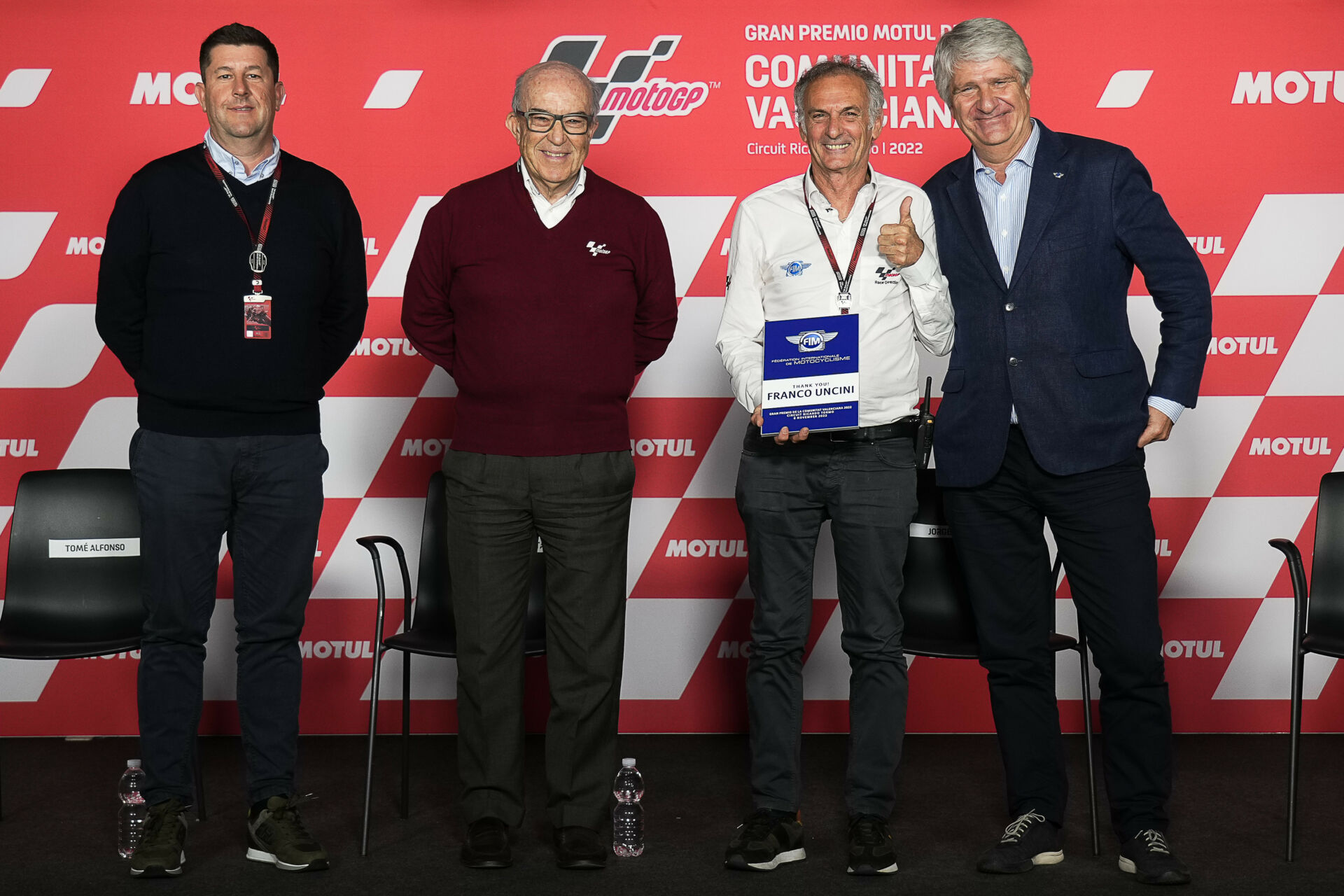 (From left) Incoming FIM Grand Prix Safety Officer Tomé Alfonso, Dorna CEO Carmelo Ezpeleta, retiring FIM Grand Prix Safety Officer Franco Uncini, and FIM President Jorge Viegas at a press conference in Valencia. Photo courtesy Dorna.