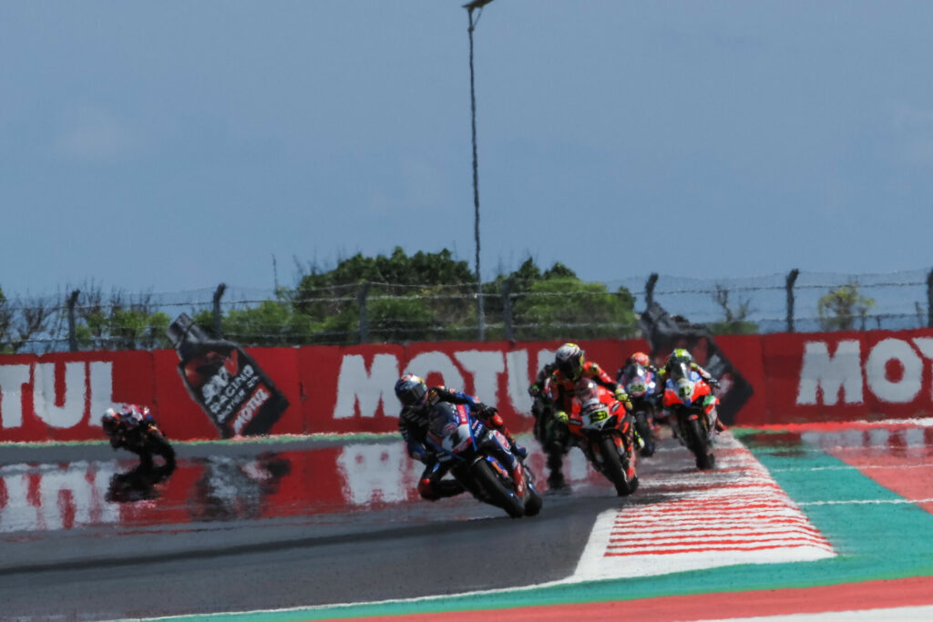 Toprak Razgatlioglu (1) held off Alvaro Bautista (19) to win Race Three and complete the hat trick in Indonesia. Photo courtesy Dorna.