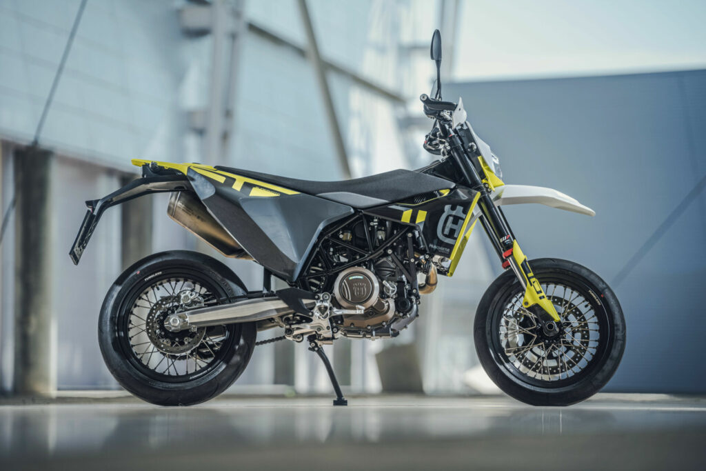 A 2023-model Husqvarna 701 Supermoto at rest. Photo courtesy Husqvarna.