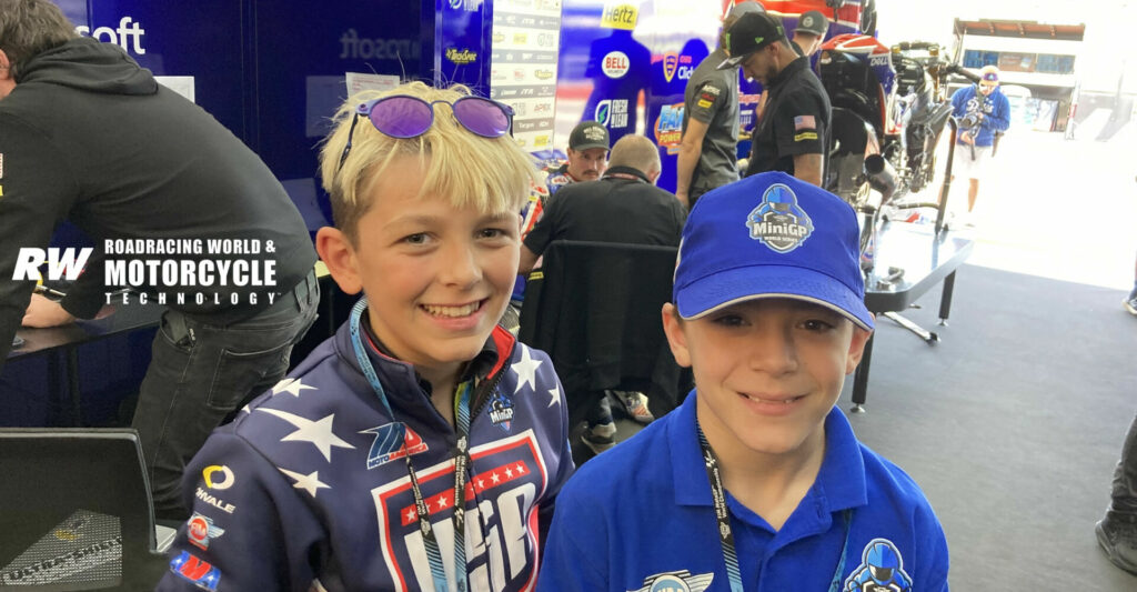 Ryder Davis (left) and Nathan Gouker (right), America's representatives in the FIM MiniGP World Finals, as seen in the American Racing Team garage. Photo by Michael Gougis.