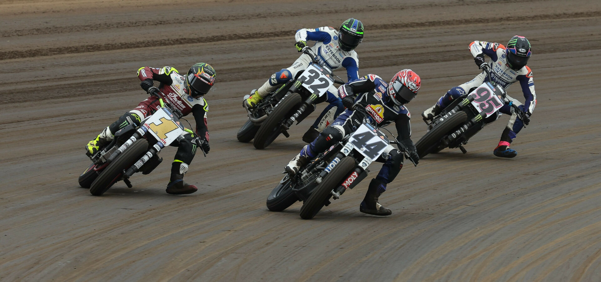 Jared Mees (1), Dallas Daniels (32), Brandon Robinson (44), and JD Beach (95) in action at the Springfield Mile in 2022. Photo by Brian J. Nelson, courtesy AMA Pro Racing.