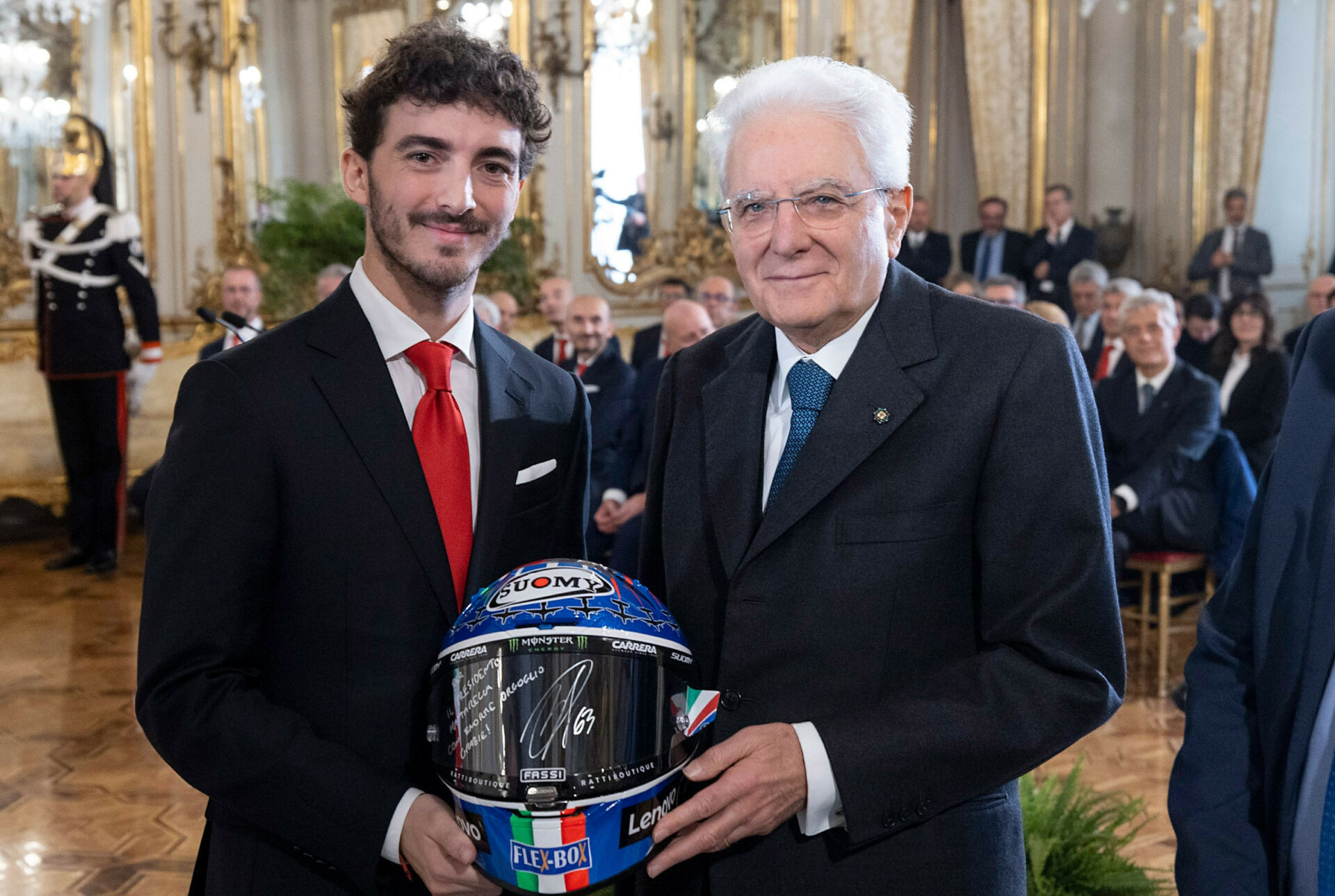 2022 MotoGP World Champion Francesco Bagnaia (left) with Sergio Mattarella, President of the Italian Republic. Photo courtesy Ducati.