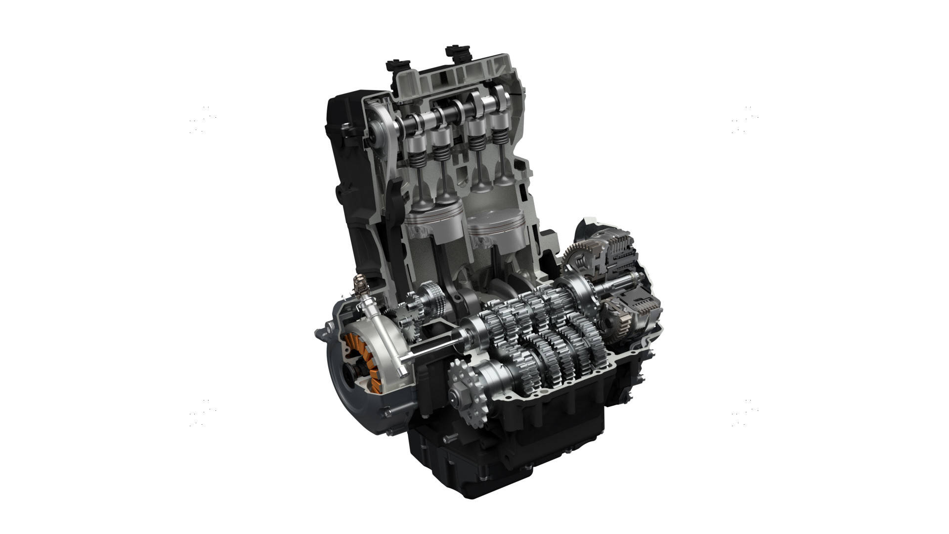 A cutaway view of Suzuki's new 776cc parallel twin engine. Image courtesy Suzuki Motor USA, LLC.