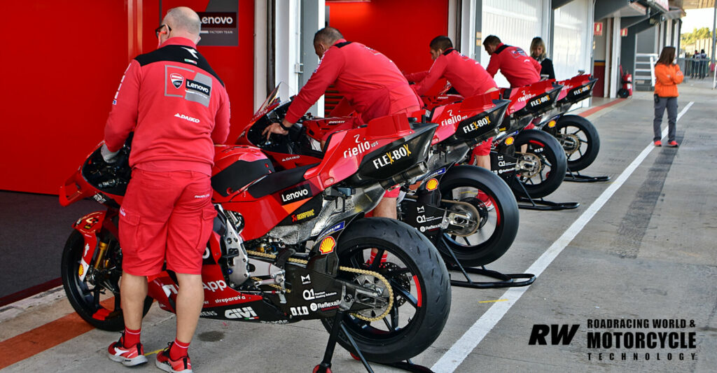 Ducati unleashed an army of machines against the MotoGP field in 2022, and shared data and updates freely.  The factory machines, and their preparation, were impeccable.  Photo by Michel Gougis.