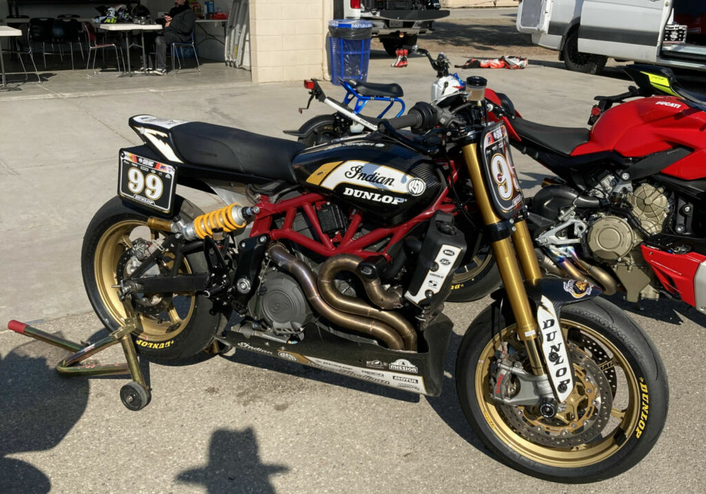 Among the fleet of bikes Dunlop made available to journalists was Jeremy McWilliams' RSD Super Hooligan Indian FTR1200 racebike. Photo by John Ulrich.