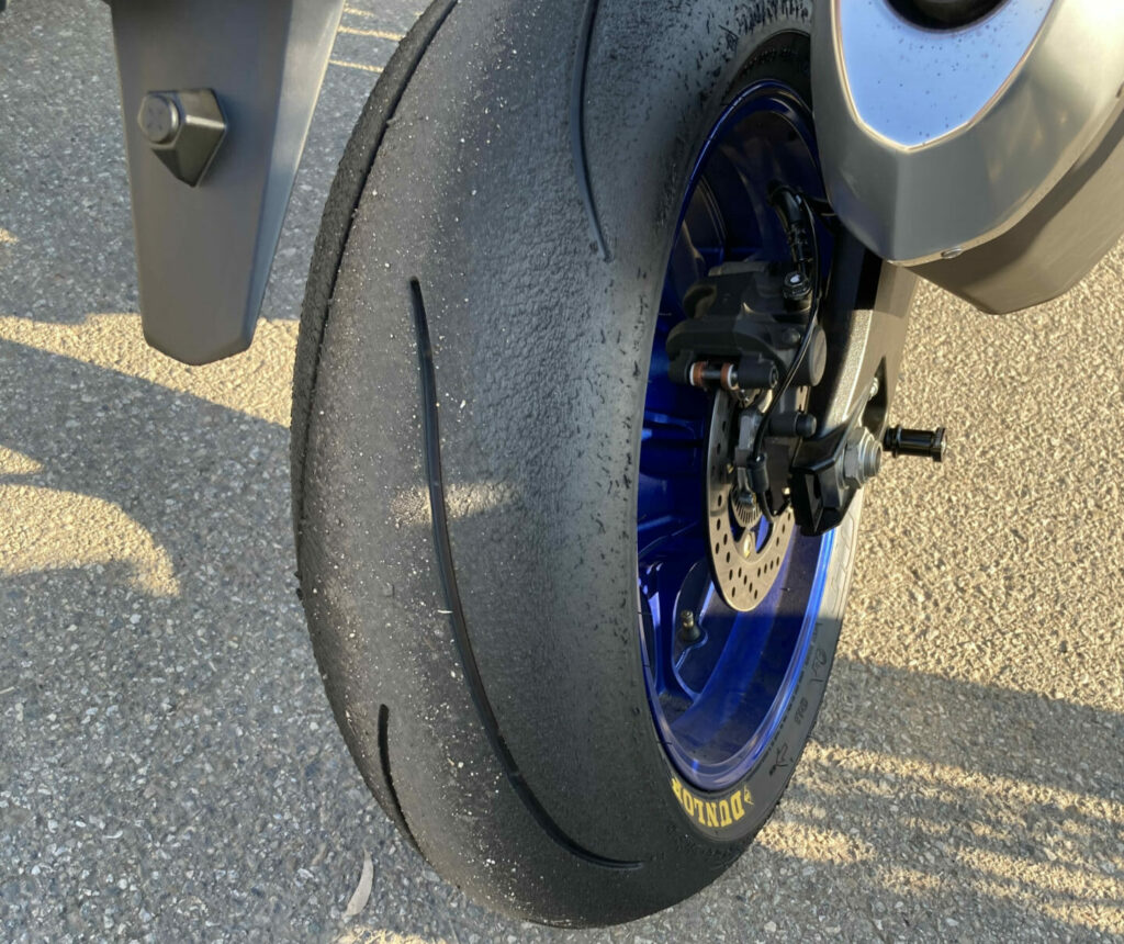 A Dunlop Q5 rear tire after being on track at Buttonwillow. Photo by John Ulrich.