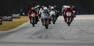Action from an AHRMA 350 GP race at Carolina Motorsports Park in 2022 with Alex McLean (122) leading Craig Light (79R), Eric Watts (87), and Tim Joyce (309). Photo by etechphoto.com, courtesy AHRMA.