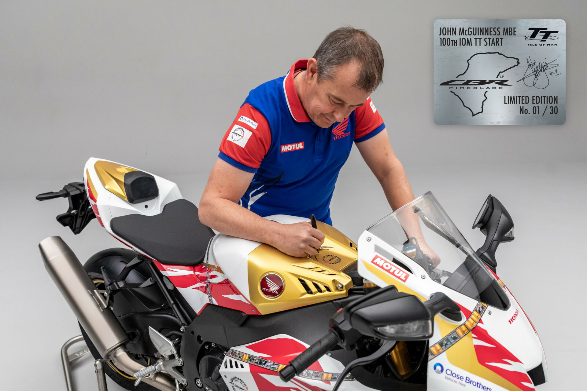 John McGuinness autographing one of the 30 John McGuinness 100th Start Replica CBR1000RR-R Fireblade SPs. Photo courtesy Honda UK.