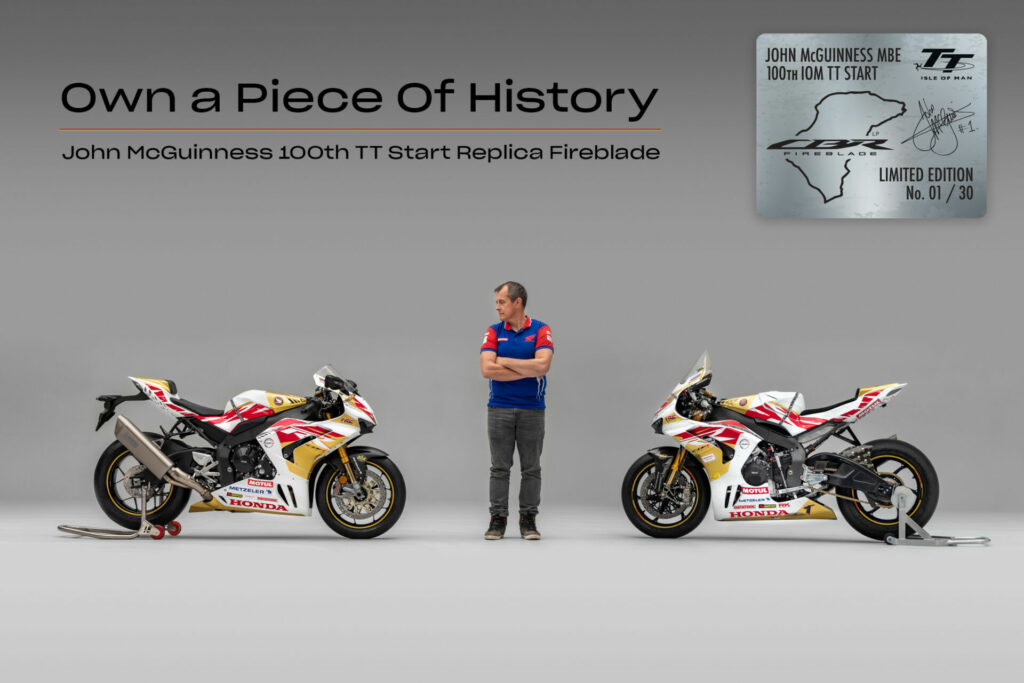 John McGuinness with one of the John McGuinness 100th Start Replica CBR1000RR-R Fireblade SPs (left) and his 2022 Isle of Man TT Honda CBR1000RR-R Fireblade SP racebike (right). Photo courtesy Honda UK.