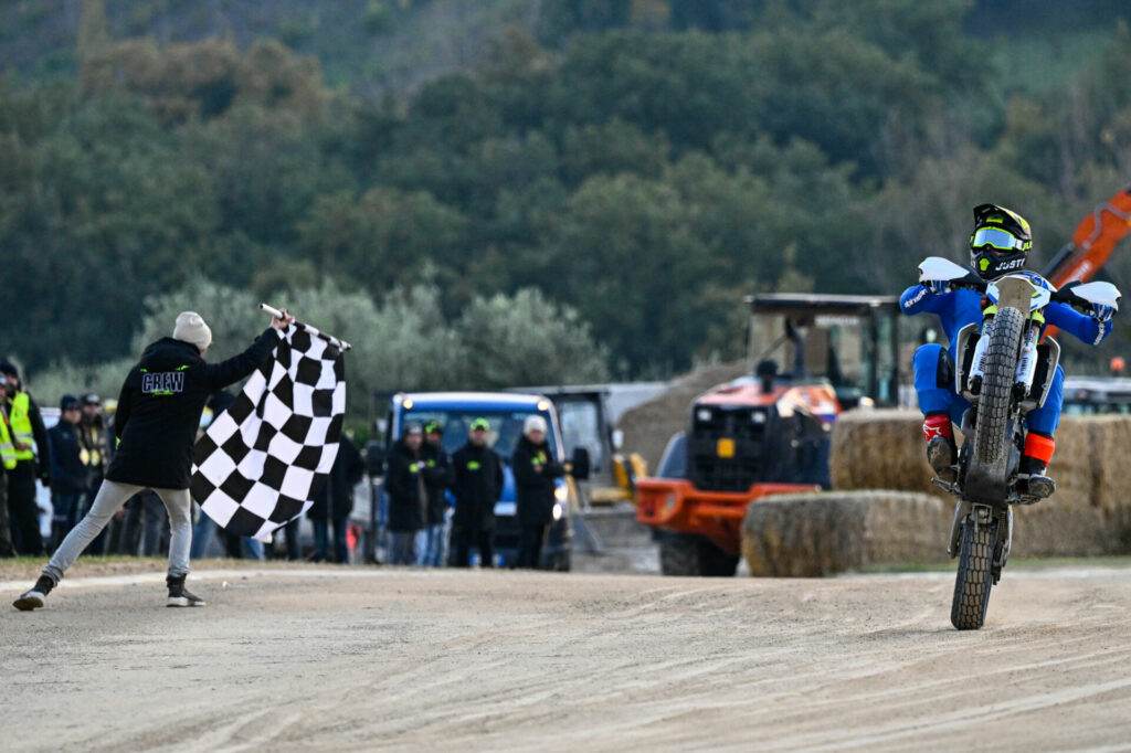 Lorenzo Baldassarri (7) takes the checkered flag. Photo courtesy VR46 Racing.