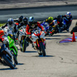 Scott Greenwood (4) leads the start of a NEMRR Middleweight GP race at New Hampshire Motor Speedway. Photo by Martin Hanlon, courtesy NEMRR.