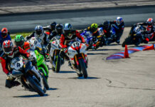 Scott Greenwood (4) leads the start of a NEMRR Middleweight GP race at New Hampshire Motor Speedway. Photo by Martin Hanlon, courtesy NEMRR.