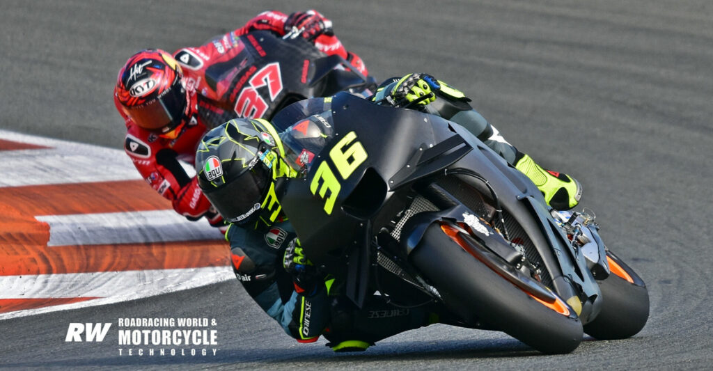 The 2020 MotoGP World Champion Joan Mir (36) leads 2022 Moto2 World Champion and MotoGP rookie Augusto Fernandez (37) in testing at Valencia. Photo by Michael Gougis.