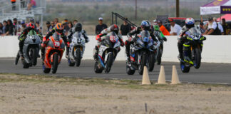 Corey Alexander (23) leads Bryce Prince (74), Jack Bakken (29), Eziah Davis (79), Brian Berdan (87), and Dawson Hart (333) at the start of the CVMA Stock 1000 Shootout at Chuckwalla Valley Raceway. Photo by CaliPhotography.com, courtesy CVMA.