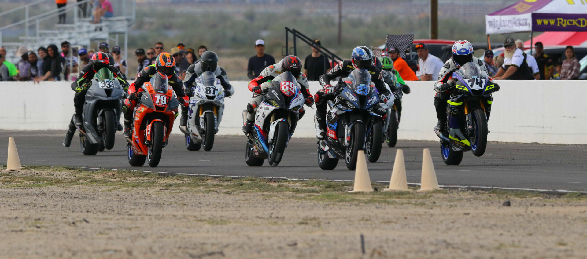 Corey Alexander (23) leads Bryce Prince (74), Jack Bakken (29), Eziah Davis (79), Brian Berdan (87), and Dawson Hart (333) at the start of the CVMA Stock 1000 Shootout at Chuckwalla Valley Raceway. Photo by CaliPhotography.com, courtesy CVMA.