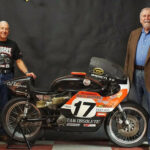 Team Obsolete owner Rob Iannucci (right) with Walt Fulton III (left) and the ex-factory 1972 Harley-Davidson XR750 TT. Photo courtesy Team Obsolete.
