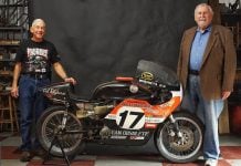 Team Obsolete owner Rob Iannucci (right) with Walt Fulton III (left) and the ex-factory 1972 Harley-Davidson XR750 TT. Photo courtesy Team Obsolete.