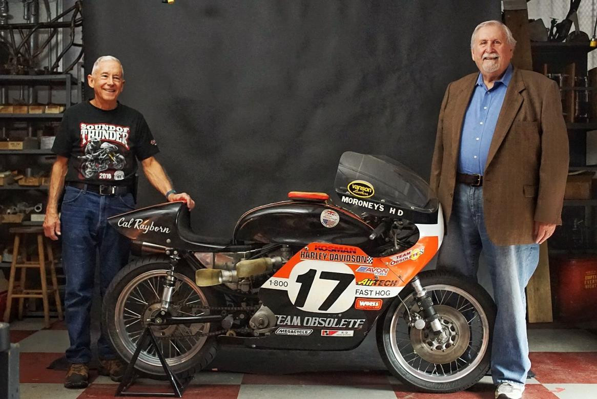 Team Obsolete owner Rob Iannucci (right) with Walt Fulton III (left) and the ex-factory 1972 Harley-Davidson XR750 TT. Photo courtesy Team Obsolete.